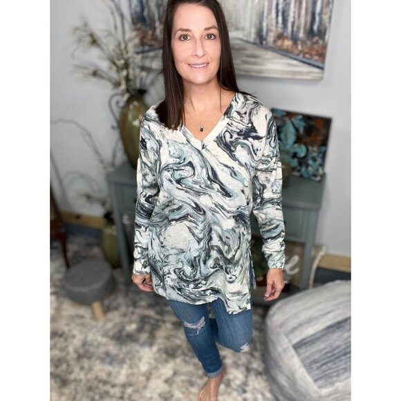 Floaty V Neck Textured Jacquard Marble Print Boxy Long Sleeve Ice Blue 3222 - Picture 11 of 14